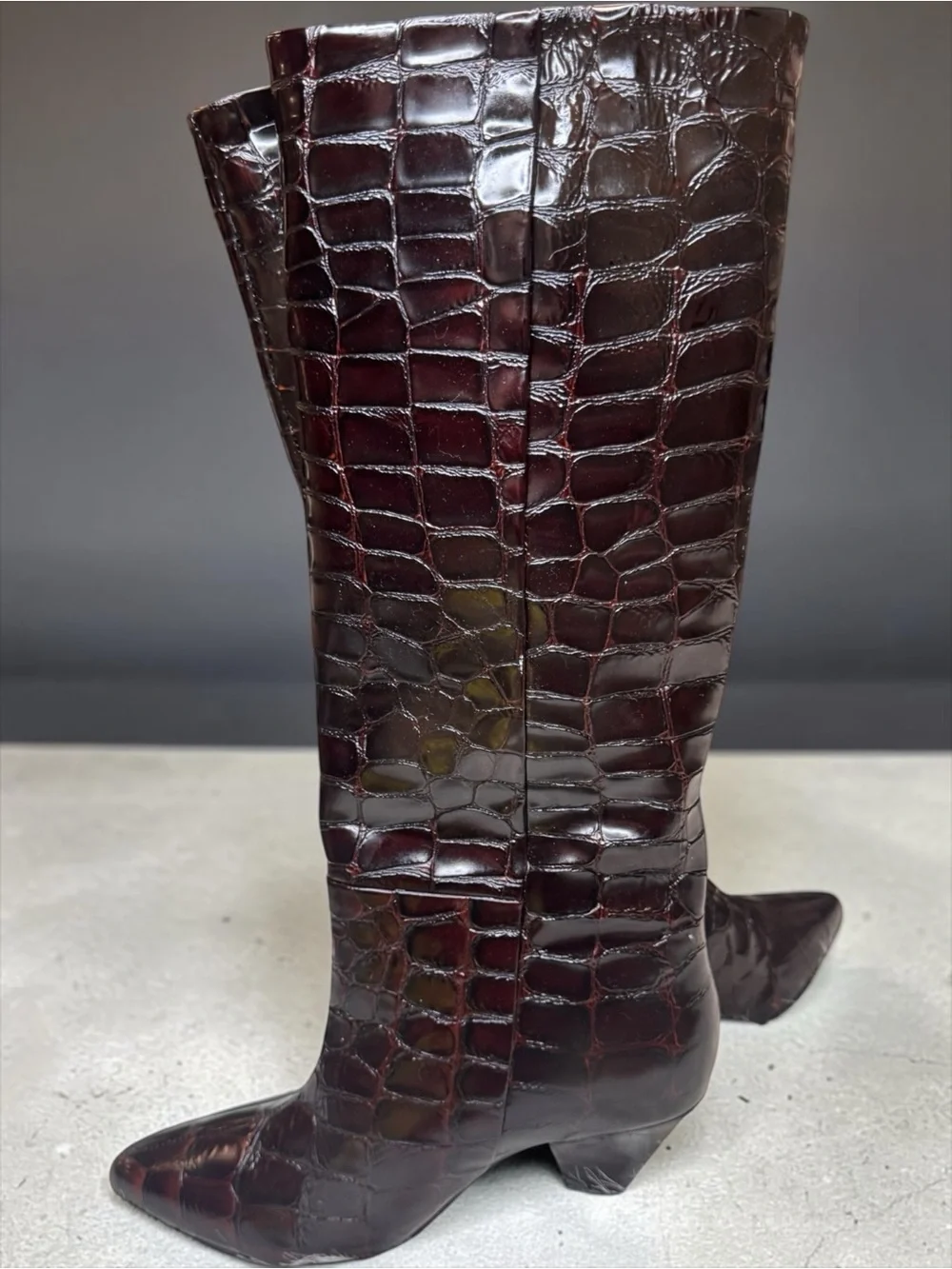 NEW-SAMSØE SAMSØE EU 37 US 6-Tall Croc-Emboss Pointed Toe Boot in Dark Brown